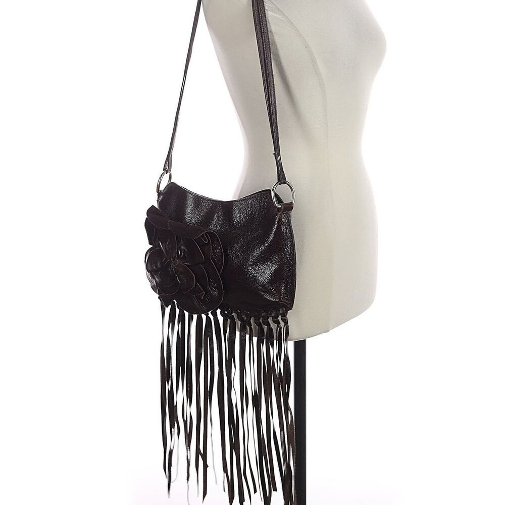 Brown leather bag fringe appliqué Whimsigoth Boho Chic Western Cowgirl Purse